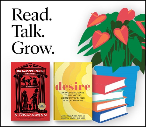 Illustrated graphic featuring the covers of two books and the words Read Talk Grow.