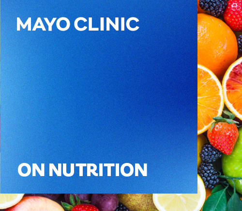 "Mayo Clinic On Nutrition" in white text on blue background