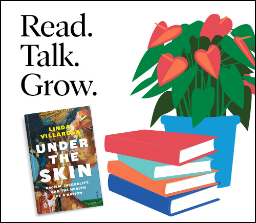Illustrated graphic that says Read. Talk. Grow. and features cover of the book Under the Skin.