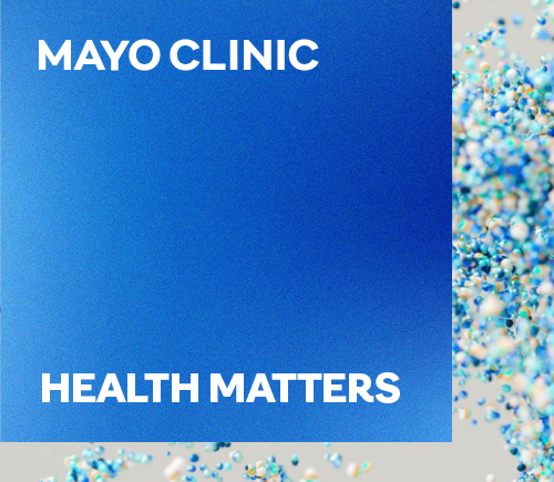 Graphic featuring an abstract background, blue square, and text reading "Mayo Clinic Health Matters"