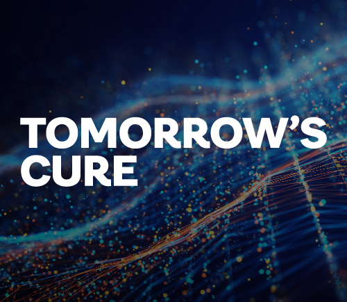 Technology themed background with the words "Tomorrow's Cure" in white text