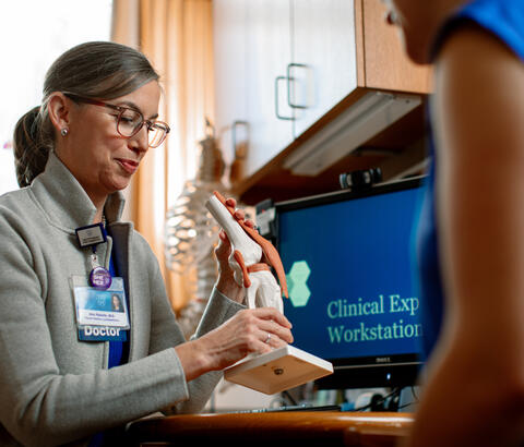 Physician showing anatomical model of a knee to a patient