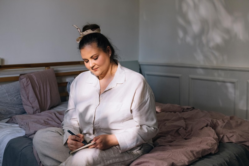 Woman sitting on the edge of her bed making a list