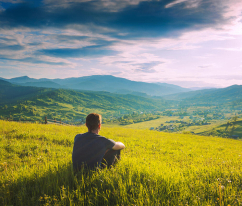 Person sitting in a field looking at mountains