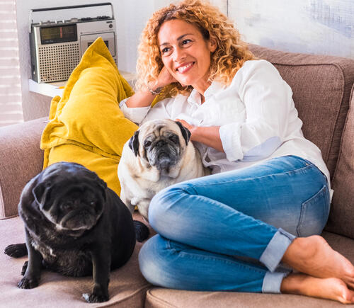 Woman sitting on couch with her dogs