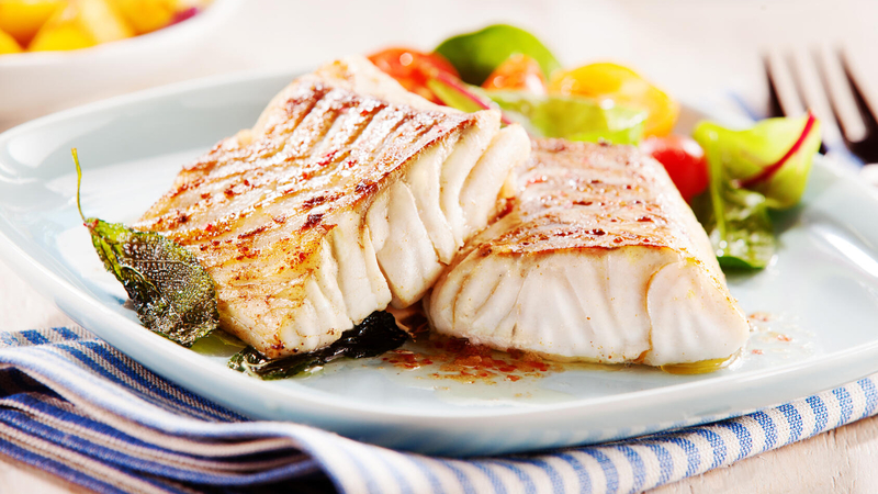 Plate with baked white fish