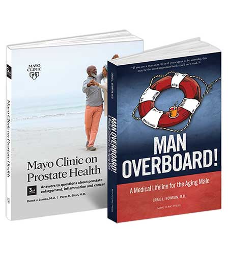 Book covers for Mayo Clinic on Prostate Health and Man Overboard!
