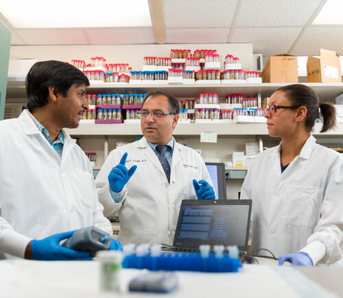 Group of researchers talking in lab