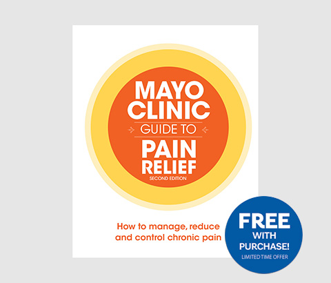 Illustrated graphic featuring the cover of Mayo Clinic Guide to Pain Relief