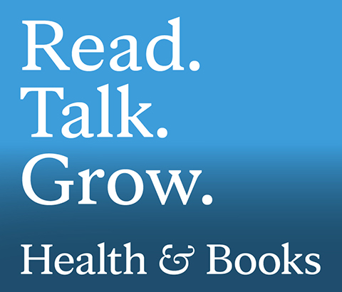 The words "Read. Talk. Grow. Health & Books" in white font on blue background.