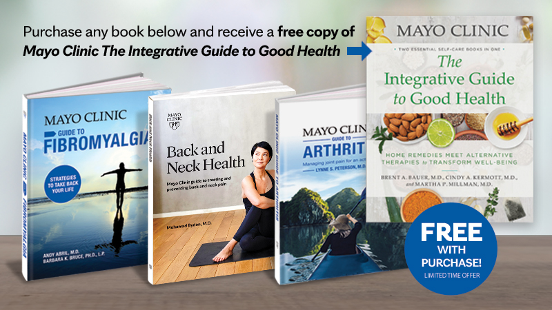 Collage of Mayo Clinic books on pain relief and The Integrative Guide to Good Health