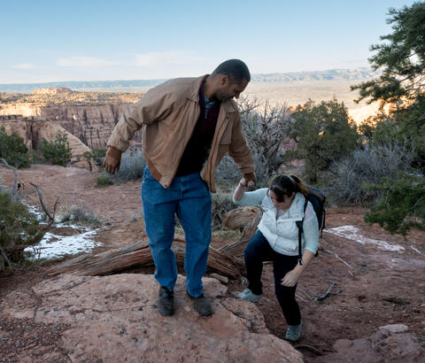 Couple hiking in mountains