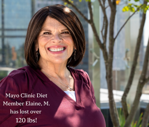 Photo of middle aged white woman. Text on the photo reads "Mayo Clinic Diet Member Elaine M. has lost over 120lbs!"