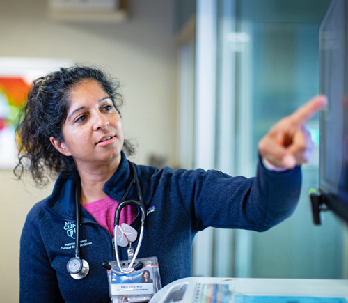 Female doctor pointing to computer monitor