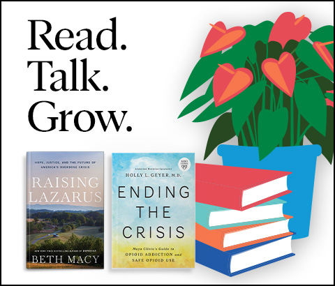 Graphic for Read. Talk. Grow. podcast featuring two books about the opioid crisis.