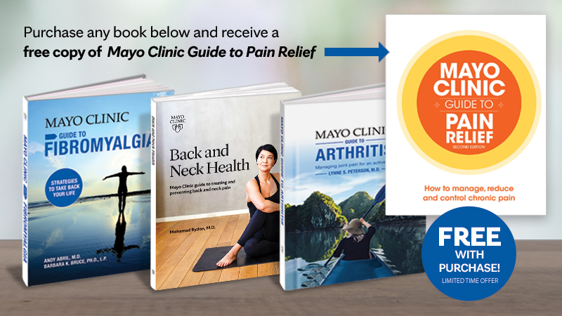Collage of Mayo Clinic covers for Fibromyalgia, Back and Neck Health, Arthritis and Pain Relief 
